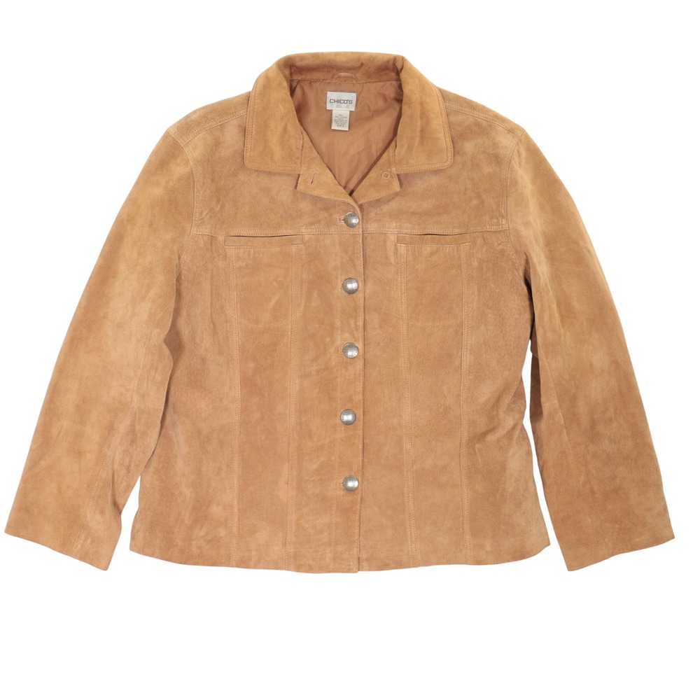 Chico's Jacket Women 3 Suede Leather Button Front Western Casual Tan Leather
